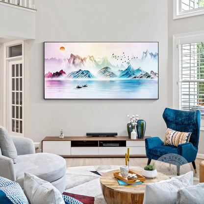 Watercolor Mountain Landscape Painting: Extra Large Horizontal Canvas Art #1