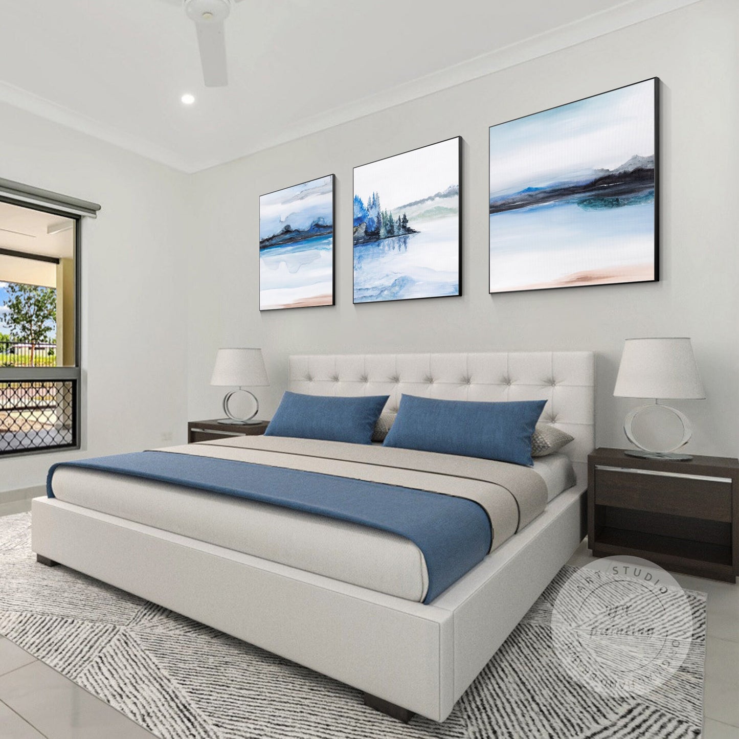 Watercolor Mountain Painting Set: Blue Landscape Canvas Wall Art #3