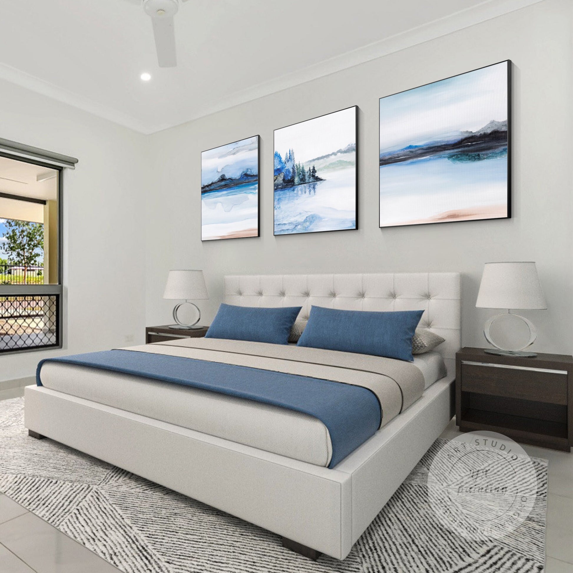 Watercolor Mountain Painting Set: Blue Landscape Canvas Wall Art #3
