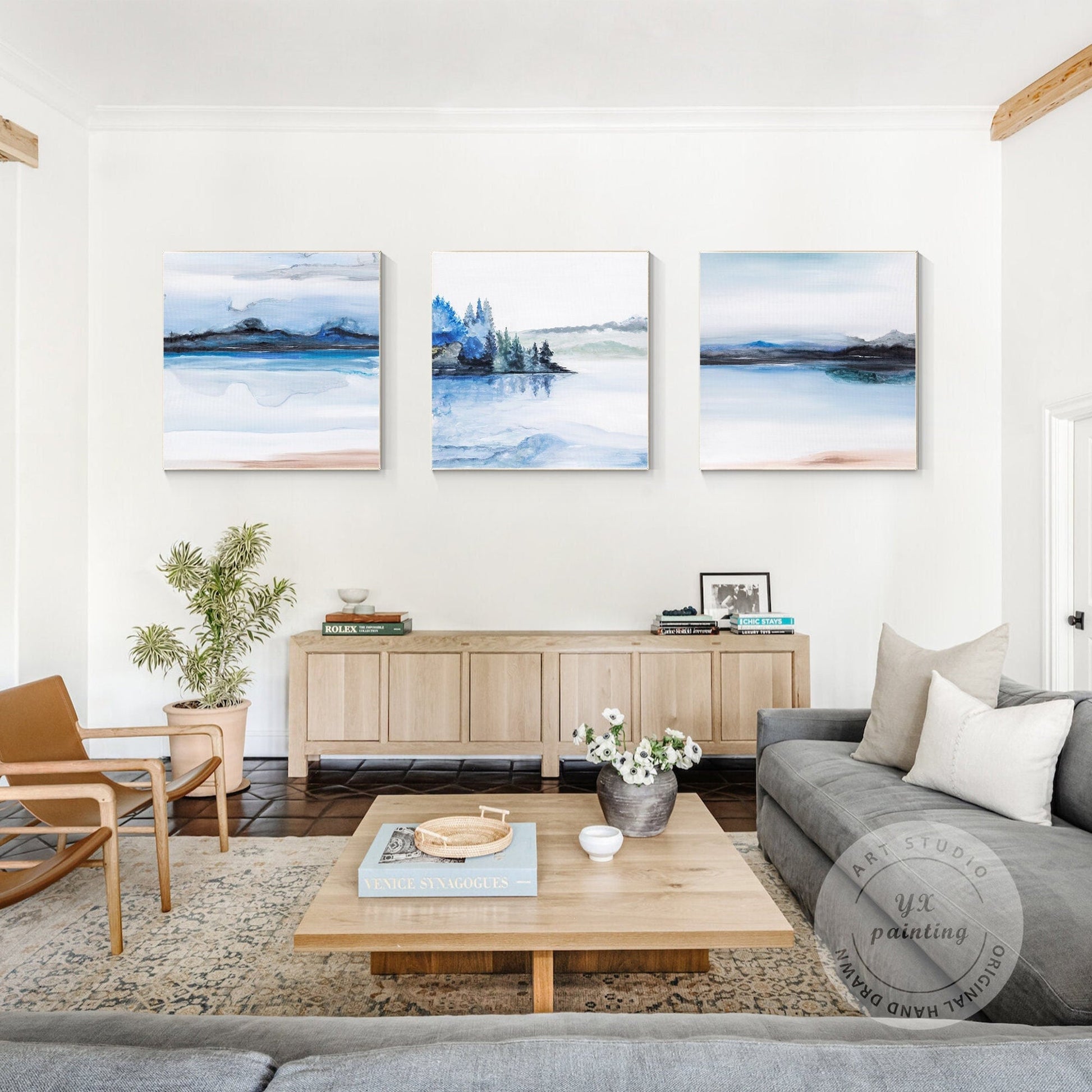 Watercolor Mountain Painting Set: Blue Landscape Canvas Wall Art #1