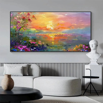 WATERCOLOR SUNSET: Impressionistic Landscape Painting with Sunset and Flowers | Landscape closeup, raised brushwork detail