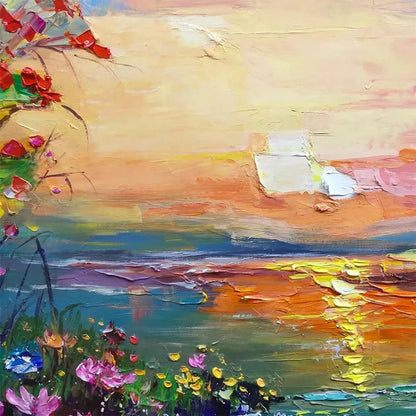 WATERCOLOR SUNSET: Impressionistic Landscape Painting with Sunset and Flowers | rectangular format, hand-painted canvas edge