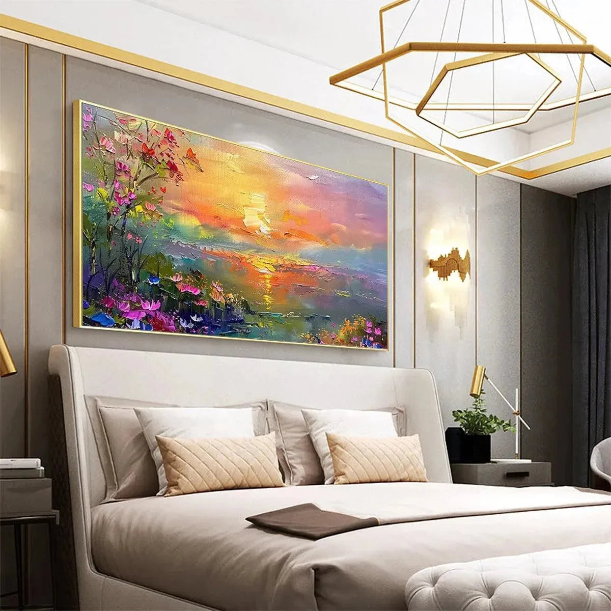 WATERCOLOR SUNSET: Impressionistic Landscape Painting with Sunset and Flowers | gold frame stretched on neutral wall