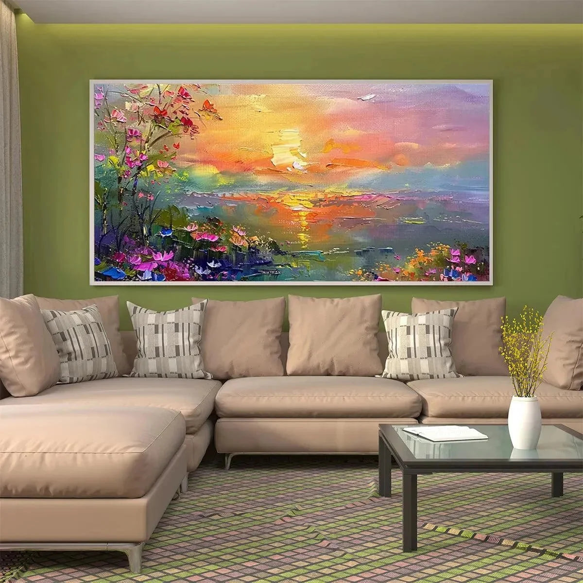 WATERCOLOR SUNSET: Impressionistic Landscape Painting with Sunset and Flowers | rolled canvas, ready for custom framing
