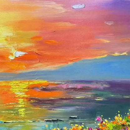 WATERCOLOR SUNSET: Impressionistic Landscape Painting with Sunset and Flowers | black frame version on white wall