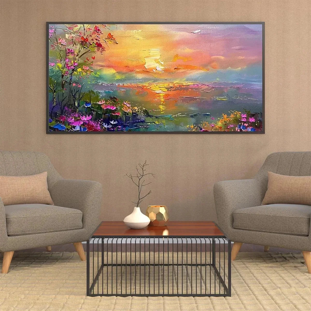 WATERCOLOR SUNSET: Impressionistic Landscape Painting with Sunset and Flowers | Landscape mood, soft natural light studio shot