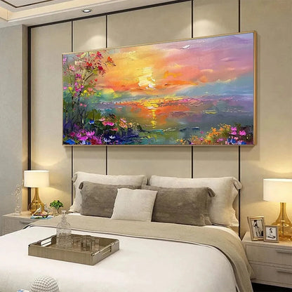 WATERCOLOR SUNSET: Impressionistic Landscape Painting with Sunset and Flowers | multi-color palette, original oil on stretched canvas art