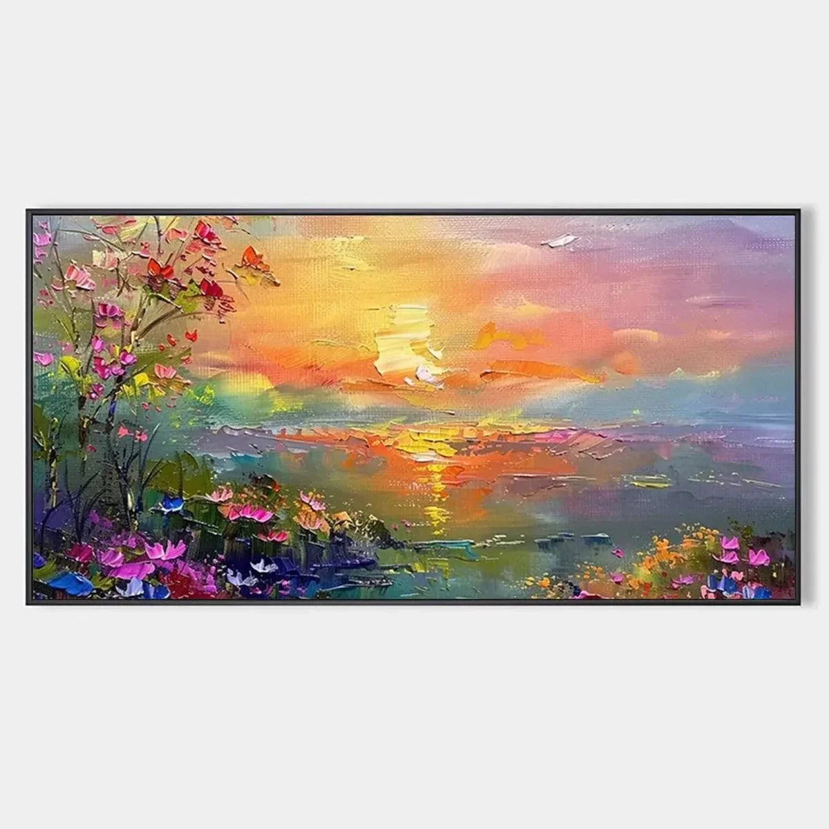 WATERCOLOR SUNSET: Impressionistic Landscape Painting with Sunset and Flowers | hanging in living room, Landscape wall art