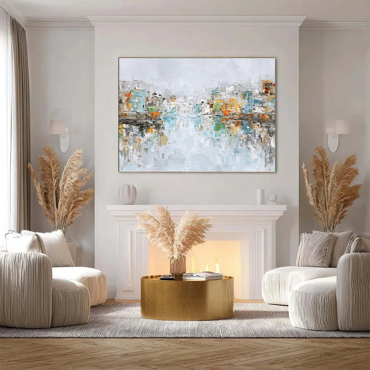 WATERFRONT VIBRANCY: Textured Abstract Cityscape Oil Painting on Canvas | Abstract closeup, raised brushwork detail