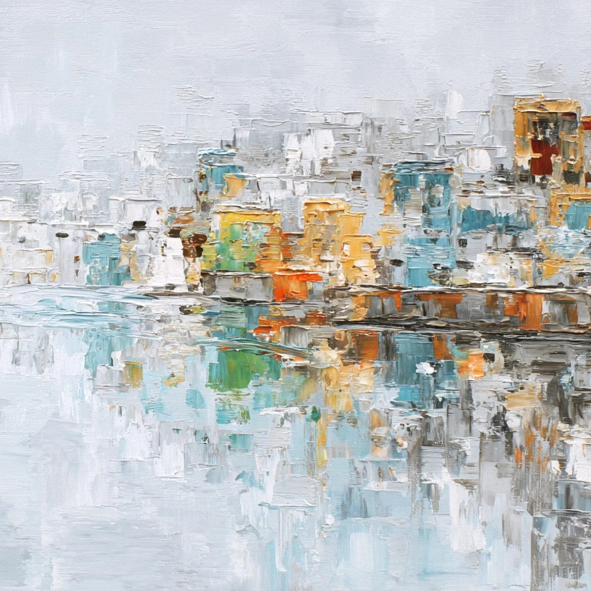 WATERFRONT VIBRANCY: Textured Abstract Cityscape Oil Painting on Canvas | rectangular format, hand-painted canvas edge
