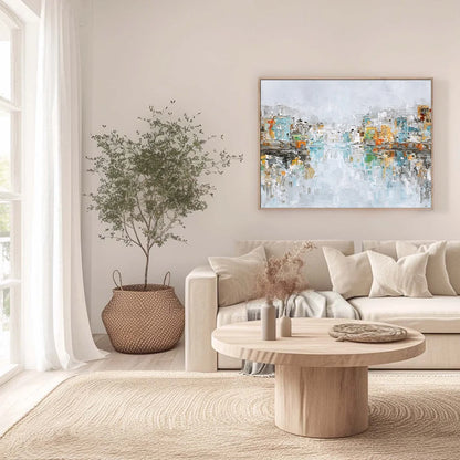 WATERFRONT VIBRANCY: Textured Abstract Cityscape Oil Painting on Canvas | gold frame stretched on neutral wall