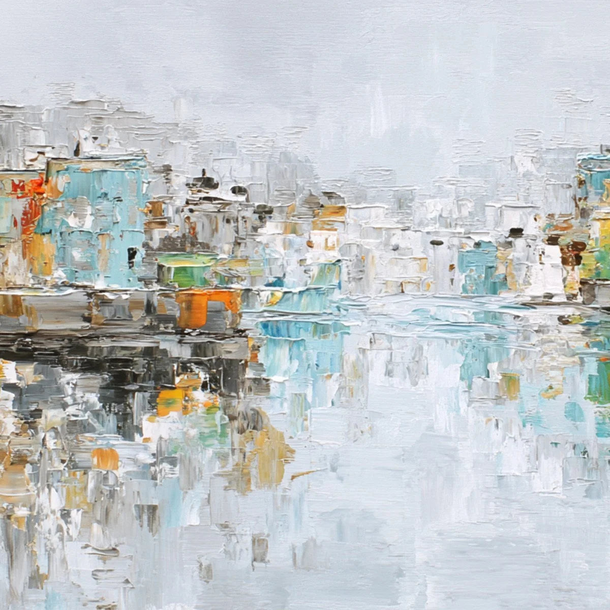 WATERFRONT VIBRANCY: Textured Abstract Cityscape Oil Painting on Canvas | rolled canvas, ready for custom framing
