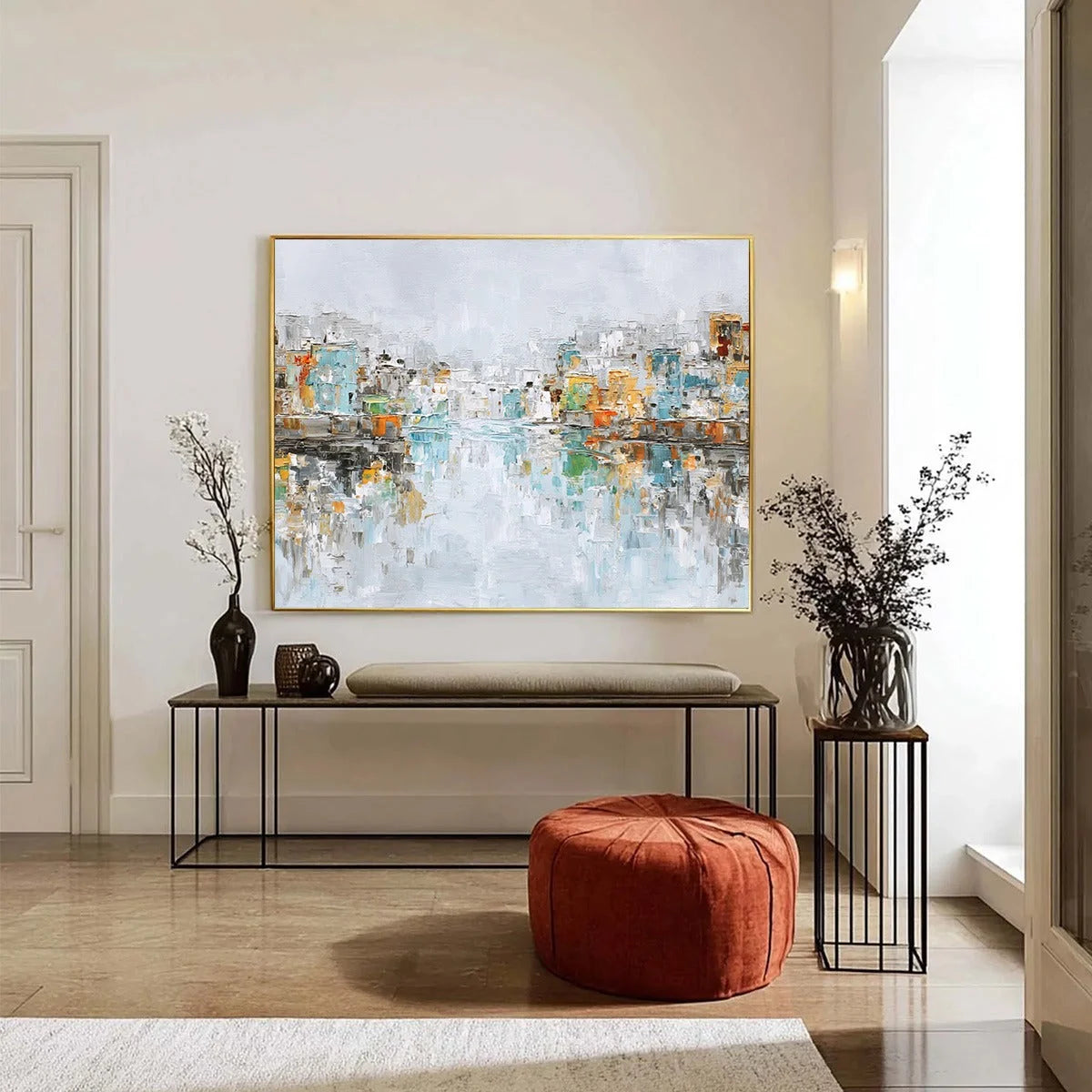 WATERFRONT VIBRANCY: Textured Abstract Cityscape Oil Painting on Canvas | black frame version on white wall