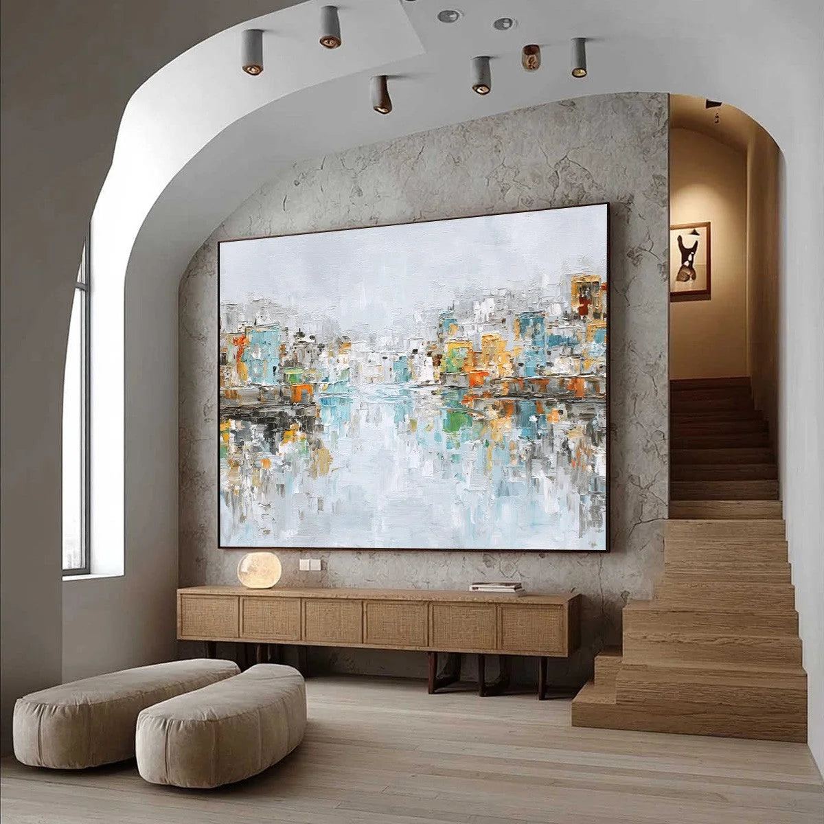 WATERFRONT VIBRANCY: Textured Abstract Cityscape Oil Painting on Canvas | Abstract mood, soft natural light studio shot