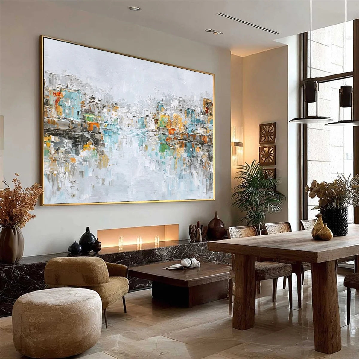 WATERFRONT VIBRANCY: Textured Abstract Cityscape Oil Painting on Canvas | multi-color palette, original oil on stretched canvas art
