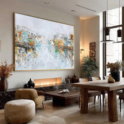 WATERFRONT VIBRANCY: Textured Abstract Cityscape Oil Painting on Canvas | multi-color palette, original oil on stretched canvas art