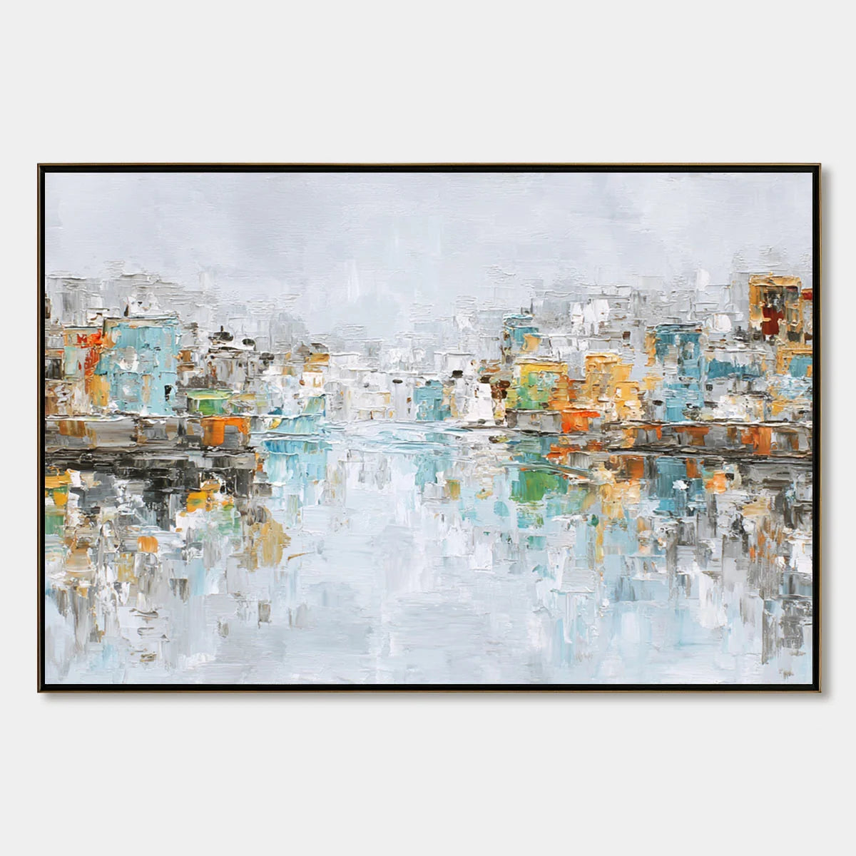 WATERFRONT VIBRANCY: Textured Abstract Cityscape Oil Painting on Canvas | hanging in living room, Abstract wall art