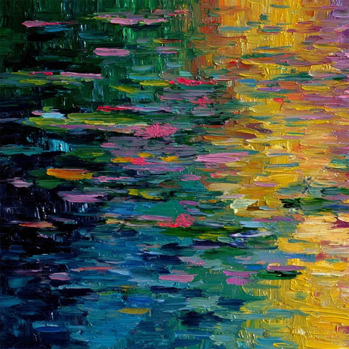 WATERLILY SERENADE: Colorful Abstract Water Lilies Impasto Oil Painting | rectangular format, hand-painted canvas edge