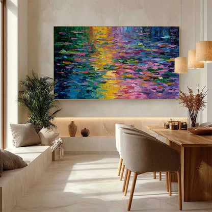 WATERLILY SERENADE: Colorful Abstract Water Lilies Impasto Oil Painting | gold frame stretched on neutral wall