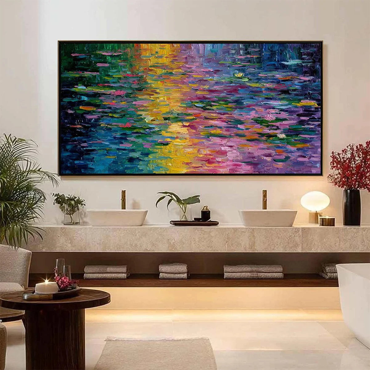 WATERLILY SERENADE: Colorful Abstract Water Lilies Impasto Oil Painting | black frame version on white wall
