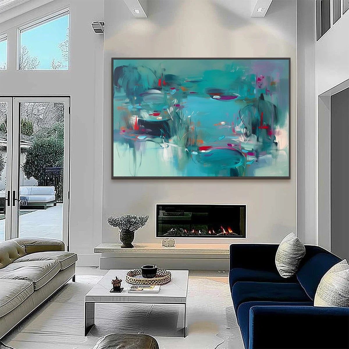 WATERLILY SERENADE: Vibrant Abstract Water Lilies Wall Art | gold frame stretched on neutral wall
