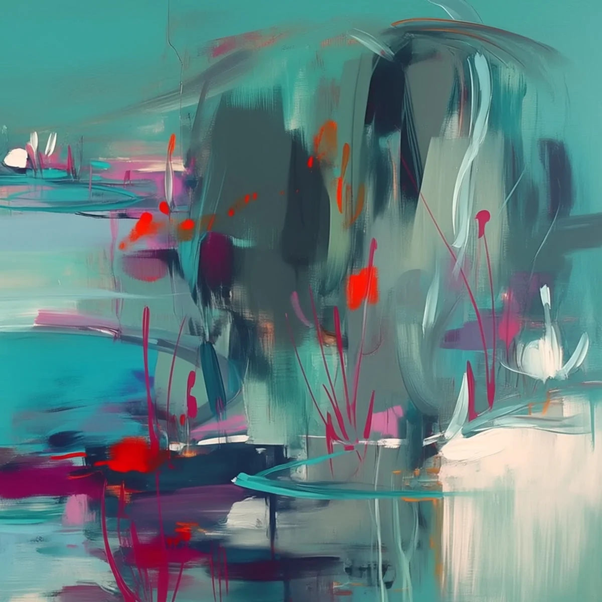 WATERLILY SERENADE: Vibrant Abstract Water Lilies Wall Art | rolled canvas, ready for custom framing