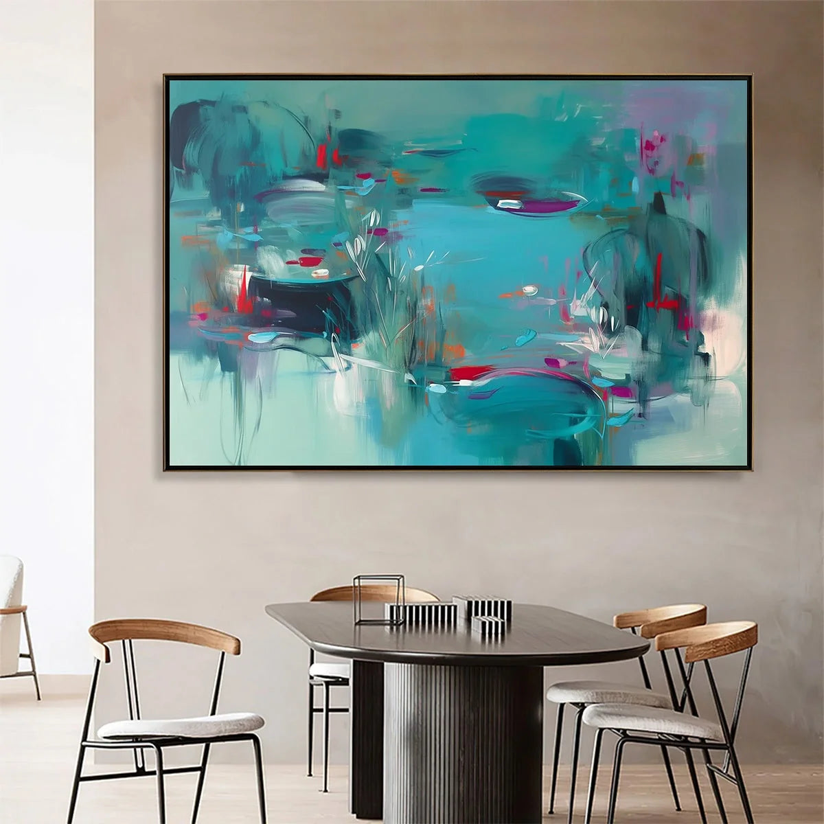 WATERLILY SERENADE: Vibrant Abstract Water Lilies Wall Art | black frame version on white wall