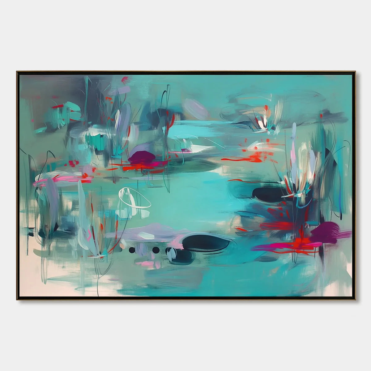 WATERLILY SONATA: Large Horizontal Abstract Landscape Painting | hanging in living room, Abstract wall art