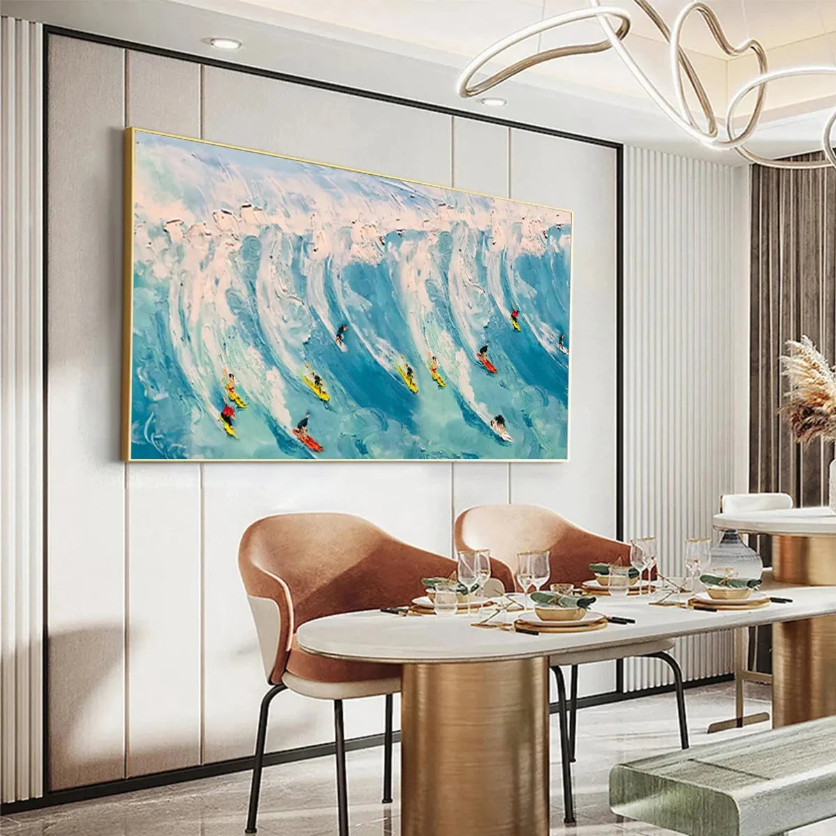 WAVE RIDERS: Ocean Painting of Surfers in Motion | Abstract closeup, raised brushwork detail