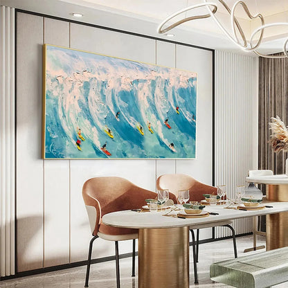 WAVE RIDERS: Ocean Painting of Surfers in Motion | Abstract closeup, raised brushwork detail