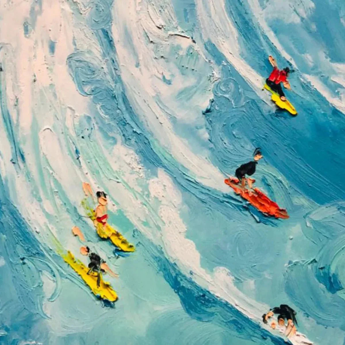 WAVE RIDERS: Ocean Painting of Surfers in Motion | gold frame stretched on neutral wall