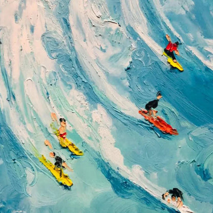 WAVE RIDERS: Ocean Painting of Surfers in Motion | gold frame stretched on neutral wall