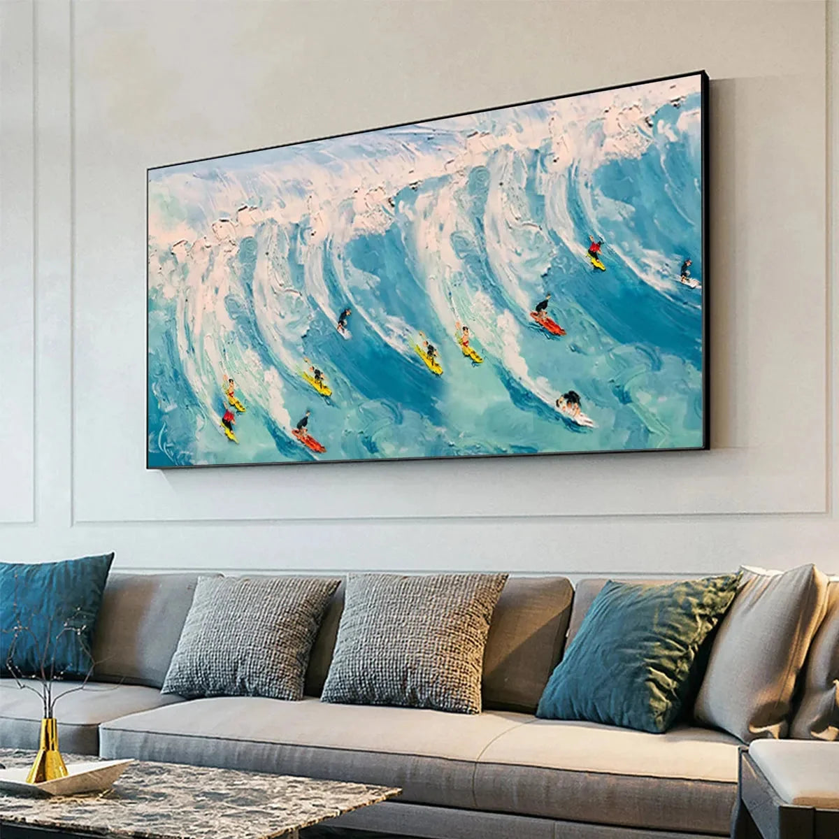 WAVE RIDERS: Ocean Painting of Surfers in Motion | black frame version on white wall