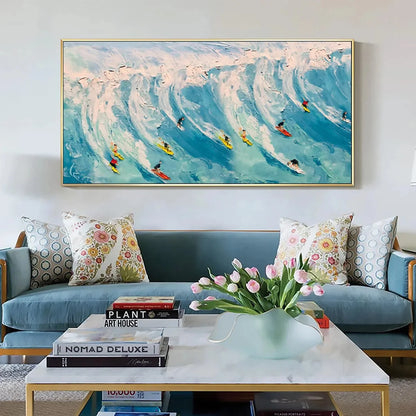 WAVE RIDERS: Ocean Painting of Surfers in Motion | multi-color palette, original oil on stretched canvas art