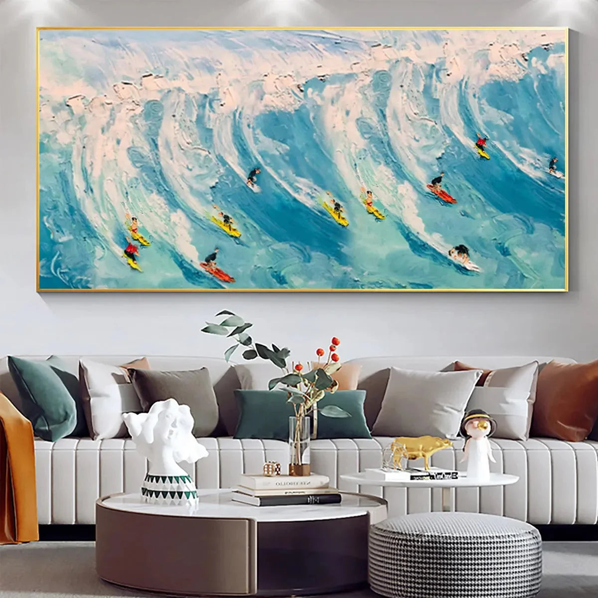 WAVE RIDERS: Ocean Painting of Surfers in Motion | texture detail, palette knife marks visible