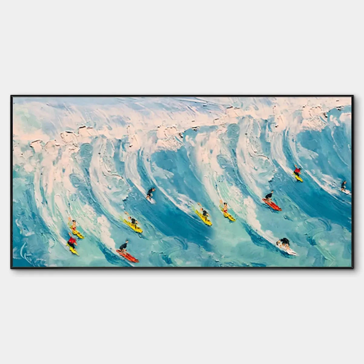 WAVE RIDERS: Ocean Painting of Surfers in Motion | hanging in living room, Abstract wall art