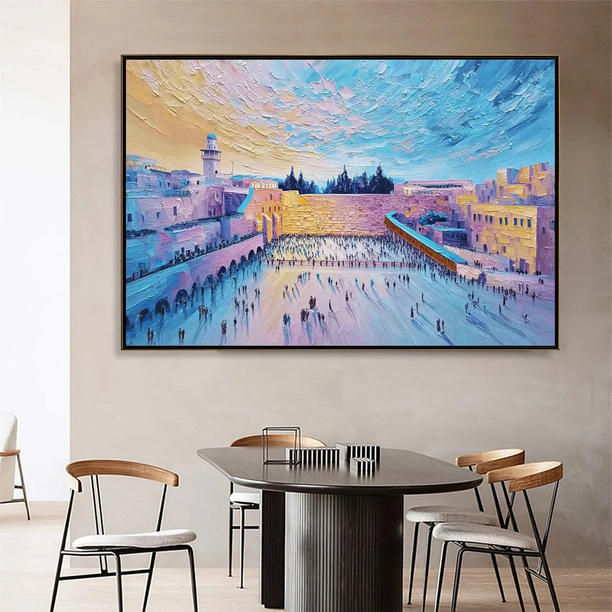 WESTERN WALL'S EMBRACE: Heavily Textured Impasto Jerusalem Cityscape Painting | Abstract closeup, raised brushwork detail