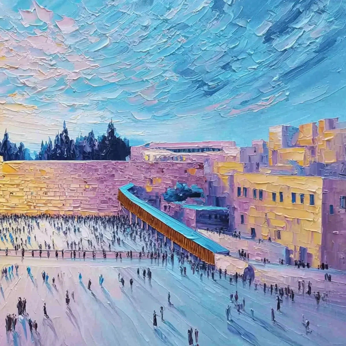 WESTERN WALL'S EMBRACE: Heavily Textured Impasto Jerusalem Cityscape Painting | rectangular format, hand-painted canvas edge