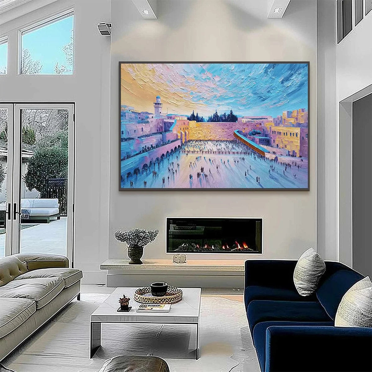 WESTERN WALL'S EMBRACE: Heavily Textured Impasto Jerusalem Cityscape Painting | gold frame stretched on neutral wall
