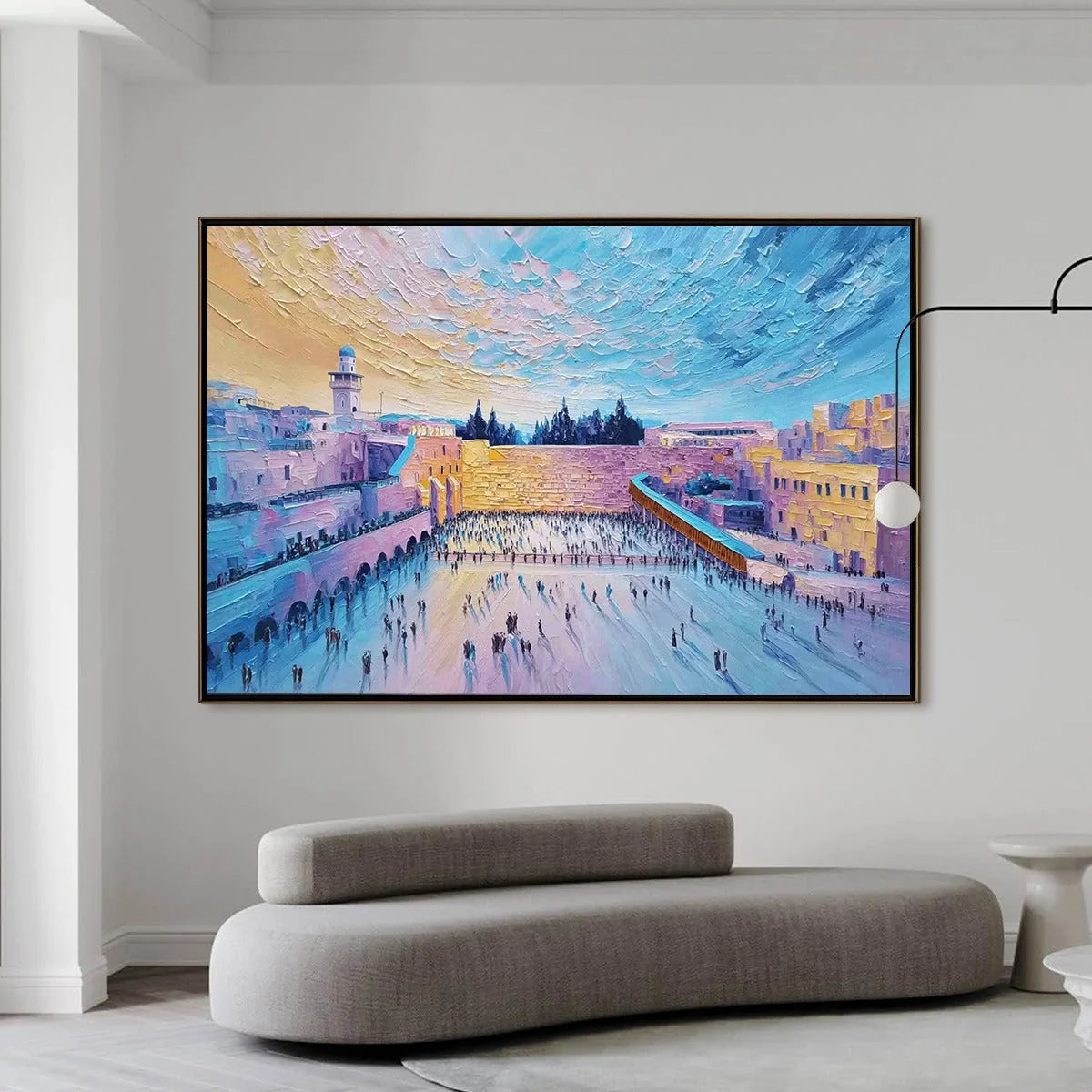 WESTERN WALL'S EMBRACE: Heavily Textured Impasto Jerusalem Cityscape Painting | black frame version on white wall