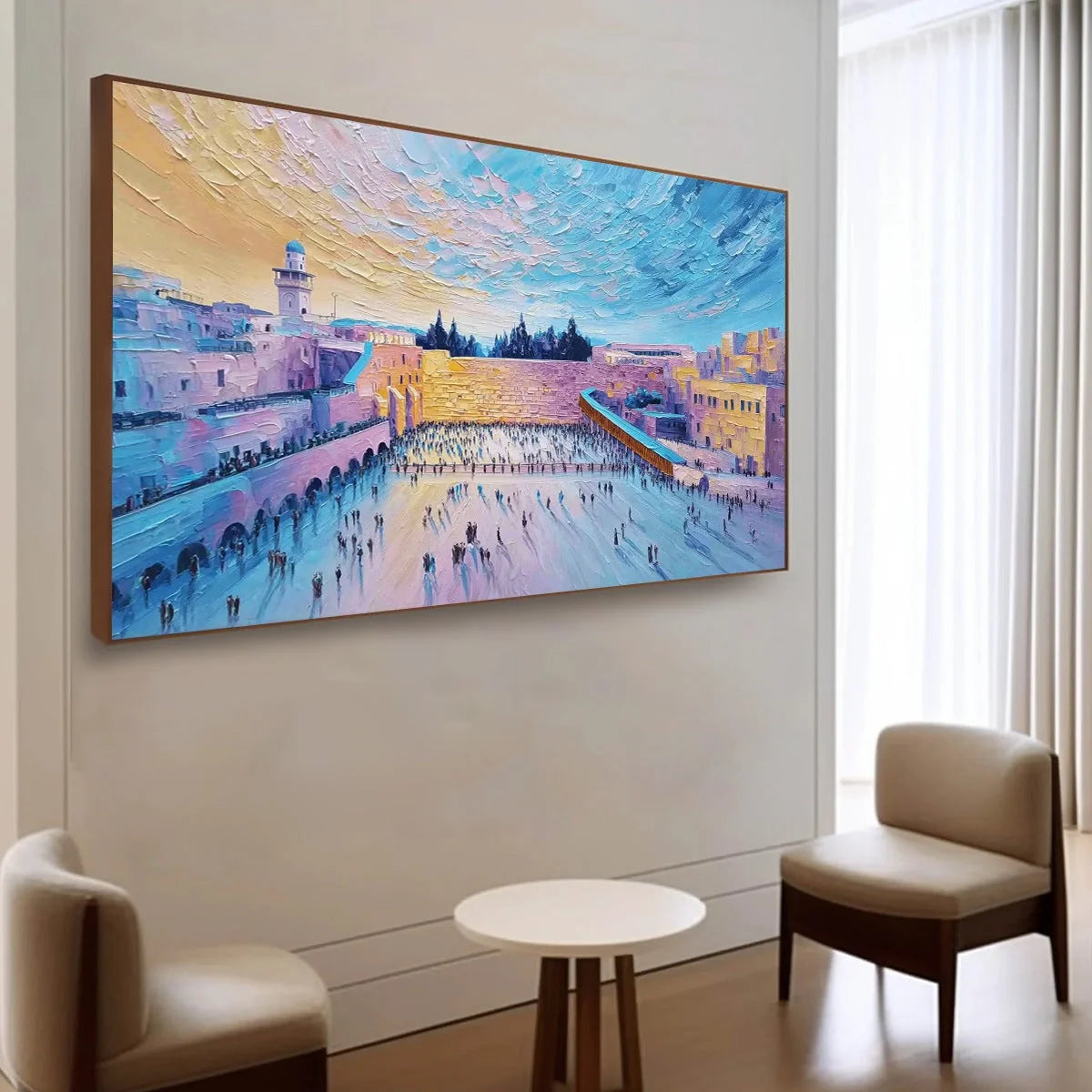 WESTERN WALL'S EMBRACE: Heavily Textured Impasto Jerusalem Cityscape Painting | Abstract mood, soft natural light studio shot