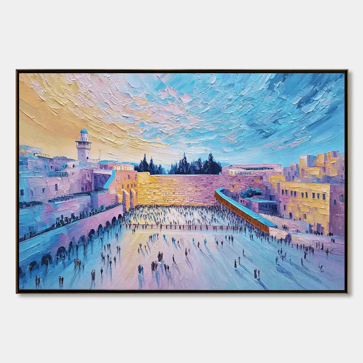 WESTERN WALL'S EMBRACE: Heavily Textured Impasto Jerusalem Cityscape Painting | hanging in living room, Abstract wall art