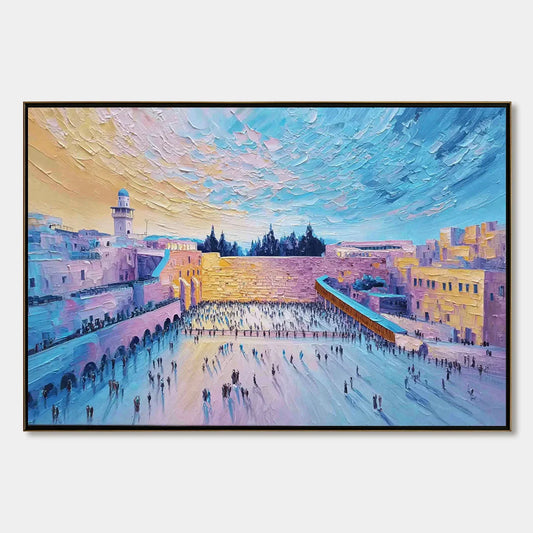 WESTERN WALL'S EMBRACE: Heavily Textured Impasto Jerusalem Cityscape Painting | hanging in living room, Abstract wall art