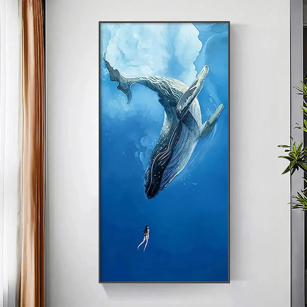 WHALE ENCOUNTER: Majestic Whale and Diver Painting, Vertical Wall Art | Abstract closeup, raised brushwork detail