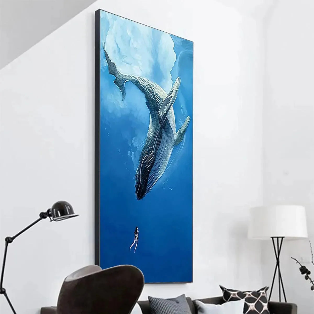 WHALE ENCOUNTER: Majestic Whale and Diver Painting, Vertical Wall Art | rectangular format, hand-painted canvas edge