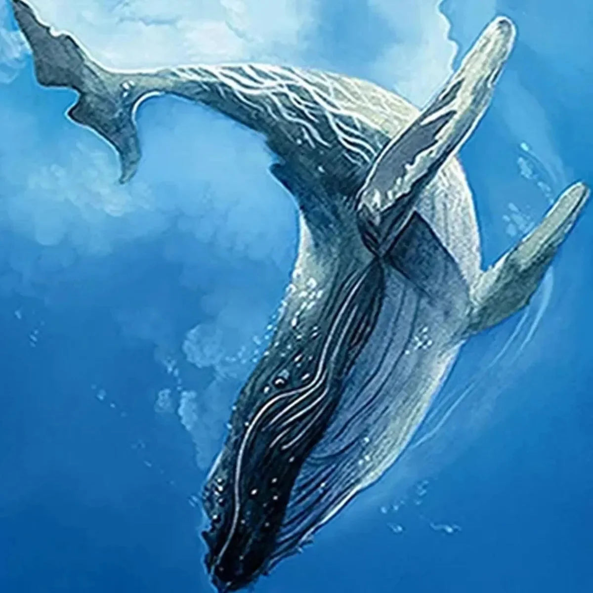 WHALE ENCOUNTER: Majestic Whale and Diver Painting, Vertical Wall Art | gold frame stretched on neutral wall