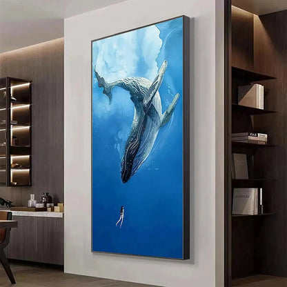 WHALE ENCOUNTER: Majestic Whale and Diver Painting, Vertical Wall Art | rolled canvas, ready for custom framing