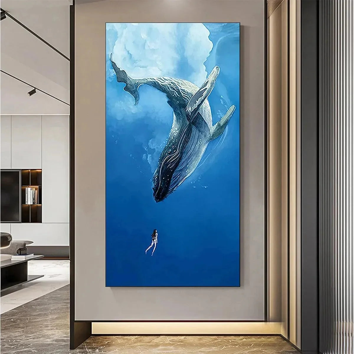 WHALE ENCOUNTER: Majestic Whale and Diver Painting, Vertical Wall Art | black frame version on white wall