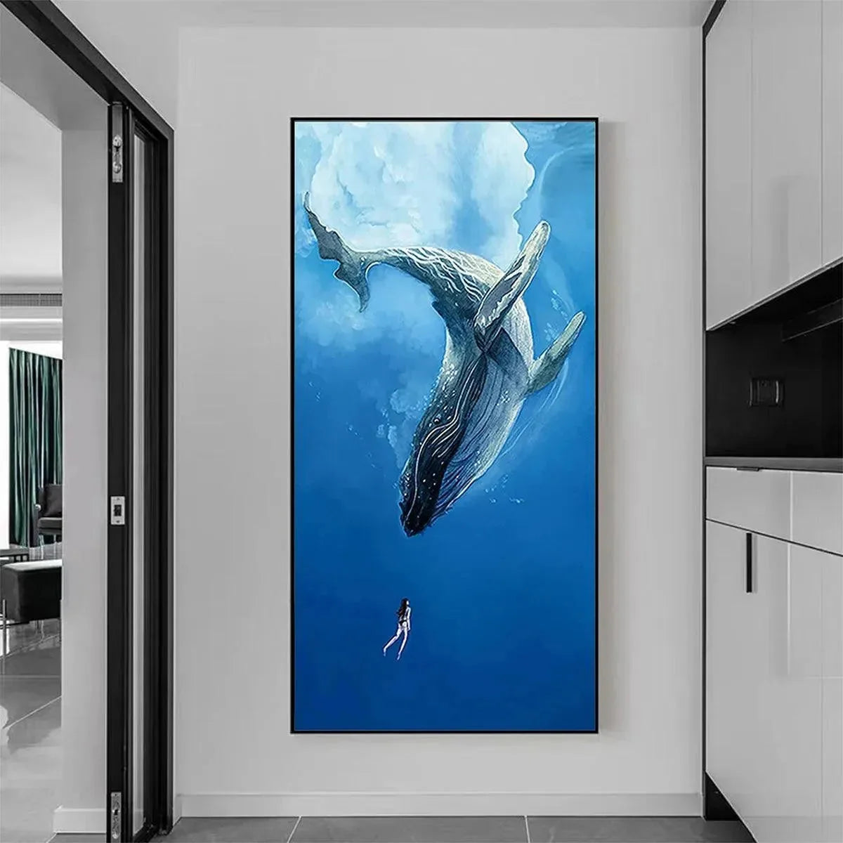 WHALE ENCOUNTER: Majestic Whale and Diver Painting, Vertical Wall Art | Abstract mood, soft natural light studio shot