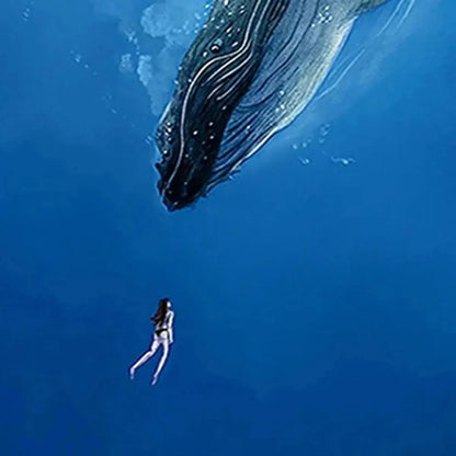 WHALE ENCOUNTER: Majestic Whale and Diver Painting, Vertical Wall Art | multi-color palette, original oil on stretched canvas art